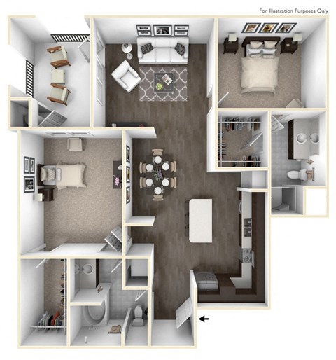Floor plan for 2 beds, 2 baths, 1301 sqft